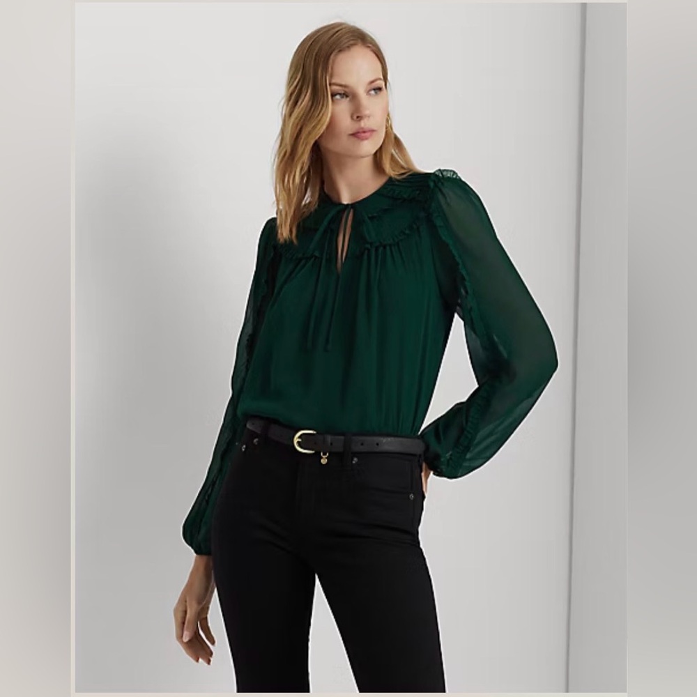 MWT Ralph Lauren Ruffle-Trim Georgette Tie-Neck Blouse
